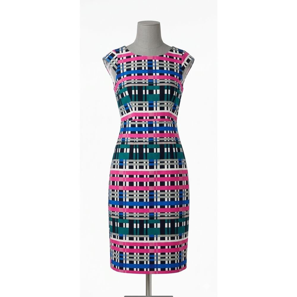 Banana Republic Multicolor Geometric Plaid Print Sleeveless Sheath Dress Size 6 - Picture 2 of 9